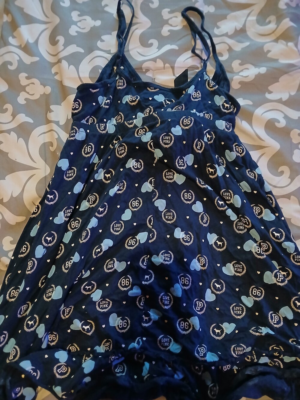 SOLD V-Navy Blue Sleeveless Nightdress with Light Blue Hearts